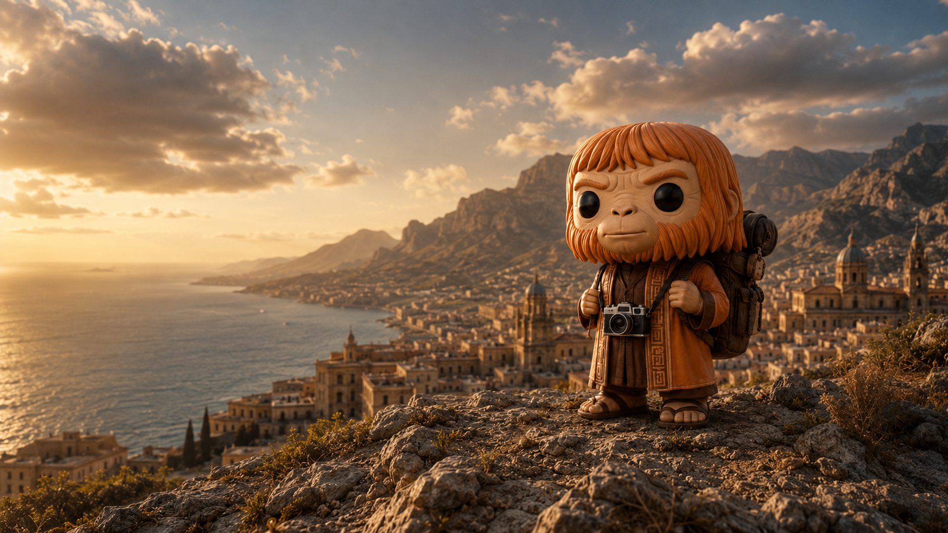 Dr. Zaius, a small vinyl ape with a camera and pack, on a ridge above a Mediterranean coastal city at sunset